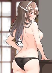 Rule 34 | 1girl, ashigara (kancolle), ass, back, black panties, blurry, blurry background, breasts, brown eyes, brown hair, butt crack, closed mouth, commentary request, fang, from behind, furaggu (frag 0416), hairband, highres, indoors, kantai collection, long hair, looking at viewer, medium breasts, panties, shoulder blades, sideboob, skin fang, smile, solo, topless, underwear, underwear only, window