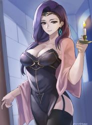 Rule 34 | 1girl, breasts, candle, cleavage, dress, earrings, fire emblem, fire emblem echoes: shadows of valentia, fire emblem gaiden, garter straps, hallway, highres, jewelry, large breasts, long hair, looking at viewer, nintendo, purple eyes, purple hair, robe, smile, solo, sonya (fire emblem gaiden), thighhighs, tiara, tommy (kingdukeee)