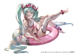 Rule 34 | 1girl, 77gl, absurdres, asymmetrical legwear, barefoot, glasses on head, green eyes, green hair, hatsune miku, hatsune miku (append), highres, innertube, long hair, looking at viewer, open mouth, solo, swim ring, thighhighs, twintails, very long hair, vocaloid append, white background, white thighhighs