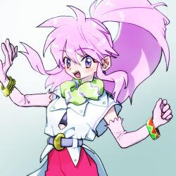 Rule 34 | 1girl, arche klein, belt, elbow gloves, gloves, highres, jewelry, long hair, looking at viewer, open mouth, pink eyes, pink hair, ponytail, simple background, smile, solo, tales of (series), tales of phantasia, umix0207, wide ponytail