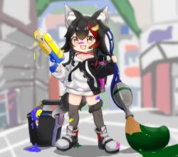 Rule 34 | 1girl, aged down, animal ears, black choker, black hair, boots, brown eyes, bucket, choker, commentary request, dongchuan, full body, highres, hololive, long hair, looking at viewer, multicolored hair, nintendo, ookami mio, ookami mio (casual), open mouth, paint on body, paint on clothes, paint splatter, paintbrush, red hair, smile, solo, splatoon (series), streaked hair, super soaker, tail, tail around own leg, virtual youtuber, wolf ears, wolf girl, wolf tail