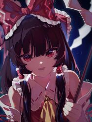 Rule 34 | 1girl, ascot, black hair, bow, commentary request, detached sleeves, frilled bow, frilled shirt collar, frills, gohei, hair bow, hakurei reimu, highres, holding, holding gohei, long hair, looking at viewer, lower teeth only, open mouth, red bow, red eyes, red vest, ribbon-trimmed sleeves, ribbon trim, ringo no usagi (artist), signature, smile, teeth, touhou, upper body, vest, white sleeves, yellow ascot