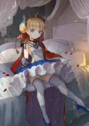 Rule 34 | 1girl, asarokuji, azur lane, bad id, bad pixiv id, bed, bedroom, blonde hair, blue eyes, breasts, cape, clothes lift, epaulettes, hair bun, hair ornament, highres, le triomphant (azur lane), looking at viewer, petals, rose petals, shoes, single hair bun, sitting, skirt, skirt lift, small breasts, smile, solo, striped clothes, striped thighhighs, thighhighs, vertical-striped clothes, vertical-striped thighhighs