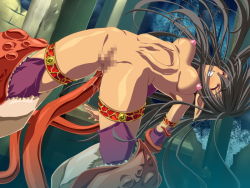 Rule 34 | 1girl, anal, arched back, black hair, censored, chained valkyria, clenched teeth, dark skin, elf, closed eyes, game cg, intestine bulge, long hair, nude, pointy ears, pussy, rape, stomach bulge, tamiya akito, teeth, tentacle sex, tentacles