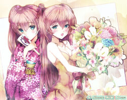 Rule 34 | 1girl, :d, :o, bad id, bad pixiv id, blue eyes, blush, bouquet, bow, brown hair, eyelashes, floral print, flower, hagoita, hair between eyes, holding, holding flower, japanese clothes, kimono, long hair, modern afro, neon genesis evangelion, new year, open mouth, paddle, parted lips, pink hair, red bow, smile, souryuu asuka langley, tassel, tsurime, twintails, upper body, very long hair