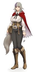 Rule 34 | 1girl, airisubaka, animal ears, belt, belt pouch, black nails, black pants, black ribbon, blunt bangs, boots, breasts, brown belt, brown footwear, cape, closed mouth, commentary, corset, cross-laced footwear, english commentary, fire emblem, fire emblem fates, frills, full body, grey hair, highres, jewelry, knee boots, lace-up boots, large breasts, long hair, long sleeves, looking at viewer, multicolored hair, multiple belts, nail polish, neck ribbon, nintendo, pants, pouch, purple hair, red cape, red eyes, ribbon, ring, shirt, signature, simple background, smile, solo, standing, streaked hair, tachi-e, tail, two-tone hair, velouria (fire emblem), white background, white shirt