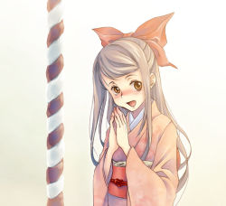 Rule 34 | 1girl, :d, blush, bow, brown eyes, gradient background, hair bow, hatsumoude, japanese clothes, kimono, kouhaku nawa, light brown hair, long hair, long sleeves, new year, obi, open mouth, original, own hands together, praying, red bow, rope, sash, shimenawa, smile, solo, swept bangs, torazou, upper body