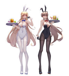 Rule 34 | 2girls, absurdres, alternate costume, animal ears, arm up, azur lane, backless leotard, black footwear, black gloves, black leotard, black pantyhose, blonde hair, blue bow, blue bowtie, blush, bow, bowtie, breasts, brown hair, cleavage, commentary request, covered navel, detached collar, earrings, fake animal ears, gloves, gluteal fold, hair between eyes, half gloves, high heels, highres, holding, holding tray, jean bart (azur lane), jewelry, large breasts, leotard, long hair, multiple girls, pantyhose, rabbit ears, red bow, red bowtie, red eyes, richelieu (azur lane), simple background, strapless, strapless leotard, thigh gap, thighband pantyhose, tray, v, white background, white footwear, white leotard, white pantyhose, wrist cuffs, wsfw