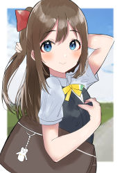 Rule 34 | 1girl, absurdres, aqua eyes, aqua shirt, artist name, artist request, bag, black vest, blue eyes, blue sky, blush, bow, breasts, brown hair, buttons, cloud, collared shirt, day, female focus, hair between eyes, hair bow, high ponytail, highres, holding, holding hair, long hair, looking at viewer, love live!, love live! nijigasaki high school idol club, medium breasts, nijigasaki academy school uniform, osaka shizuku, outdoors, parted lips, playing with own hair, ponytail, red bow, ribbon, school bag, school uniform, shirt, short sleeves, shoulder bag, sky, smile, solo, sunya (honorin-yuunibo), sunya (honorin megumin), sunya (pixiv17390904), sweater vest, upper body, vest, white shirt, yellow buttons, yellow neckwear, yellow ribbon