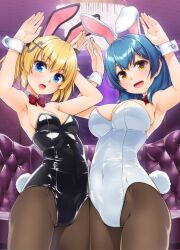 Rule 34 | 2023, 2girls, animal ears, aogiri penta, armpits, arms up, bare shoulders, battle girl high school, black bow, black leotard, blonde hair, blue eyes, blue hair, blush, bow, bowtie, breasts, brown pantyhose, chandelier, chinese zodiac, couch, covered navel, cowboy shot, detached collar, fake animal ears, fake tail, forte (symbol), fortissimo, hair bow, hair ornament, highleg, highleg leotard, highres, hondo kaede, indoors, kunieda shiho, large breasts, leotard, looking at viewer, medium breasts, medium hair, multiple girls, musical note, musical note hair ornament, open mouth, pantyhose, playboy bunny, rabbit ears, rabbit pose, rabbit tail, red bow, red bowtie, smile, standing, strapless, strapless leotard, tail, traditional bowtie, twintails, white leotard, wrist cuffs, year of the rabbit, yellow eyes