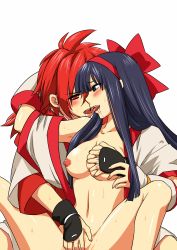 Rule 34 | 1boy, 1girl, ainu clothes, arm around neck, blush, grabbing another&#039;s breast, breasts, fingering, fingerless gloves, french kiss, gloves, grabbing, hair ornament, hair ribbon, highres, hisame shizumaru, kiss, large breasts, legs, long hair, nakoruru, navel, nipples, purple eyes, purple hair, pussy, red eyes, red hair, ribbon, saliva, saliva trail, samurai spirits, sitting, smile, snk, spread legs, sweat, thighs, tongue, tongue out
