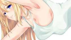 Rule 34 | 1girl, armpits, blonde hair, blue eyes, breasts, cleavage, iwashi dorobou -r-, large breasts, long hair, looking at viewer, neptune (series), shirt, smile, solo, vert (neptunia)