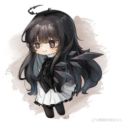 Rule 34 | 1girl, arknights, arms behind back, artist name, black eyes, black hair, black halo, black jacket, black outline, black ribbon, black skirt, black thighhighs, black wings, blunt bangs, bright pupils, broken halo, chibi, chinese commentary, chinese text, closed mouth, collar, collared jacket, colored inner hair, commentary request, dark halo, detached wings, energy wings, frilled shirt collar, frills, from side, full body, grey hair, halo, highres, hime cut, invisible floor, jacket, light blush, long hair, long skirt, long sleeves, looking afar, looking ahead, mole, mole under eye, multicolored clothes, multicolored hair, multicolored skirt, neck ribbon, originium arts (arknights), outline, pleated skirt, pocket, ribbon, sepia background, sidelocks, simple background, skirt, smile, solo, standing, thighhighs, two-tone hair, two-tone skirt, very long hair, virtuosa (arknights), watermark, weibo 7345491166, weibo logo, weibo watermark, white pupils, white skirt, wings