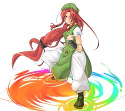 Rule 34 | 1girl, alternate eye color, bad id, bad pixiv id, braid, clenched hand, clenched hands, female focus, fighting stance, frown, full body, hado, hat, highres, hong meiling, long hair, magic, pants, rainbow, red eyes, red hair, shoes, sidelocks, simple background, solo, touhou, very long hair, wrist cuffs