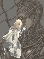 Rule 34 | 00s, 2girls, armor, armored dress, ass, blonde hair, bodysuit, claymore (series), from behind, gloves, grey background, grey eyes, hilda (claymore), kneeling, kneepits, long sleeves, miria, monster, multiple girls, simple background, size difference, skin tight, white gloves, yellow eyes