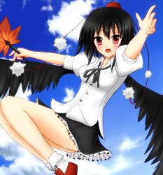 Rule 34 | 1girl, black wings, blush, cloud, colorized, day, female focus, looking at viewer, open mouth, red eyes, shameimaru aya, sky, smile, solo, touhou, wings, ytae in, yuzin