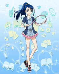 Rule 34 | 1girl, artist request, blue background, blue eyes, blue hair, blue theme, commentary, english commentary, eyelashes, gradient background, happy, highres, long hair, looking at viewer, minazuki karen, official art, ponytail, precure, precure connection puzzlun, racket, shoes, smile, solo, standing, tennis, tennis racket, third-party source, yes! precure 5
