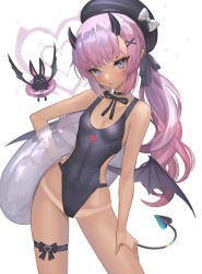 Rule 34 | 1girl, absurdres, bare shoulders, beret, black one-piece swimsuit, blush, breasts, dark-skinned female, dark skin, demon tail, demon wings, hat, highres, hitowa, horns, innertube, long hair, looking at viewer, monster, one-piece swimsuit, original, pleated skirt, ponytail, purple eyes, purple hair, simple background, skirt, small breasts, solo, swim ring, swimsuit, tail, tan, tanline, thigh strap, very long hair, white background, wings