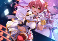 Rule 34 | 1girl, blurry, blush, bokeh, breasts, depth of field, dutch angle, fang, gloves, headset, heterochromia, highres, hololive, hololive idol uniform, houshou marine, idol, large breasts, long hair, looking at viewer, navel, ootsuka you, pink hair, pointing, pointing at viewer, red eyes, smile, solo, thighhighs pull, thighs, twintails, virtual youtuber, white gloves, yellow eyes, zoom layer