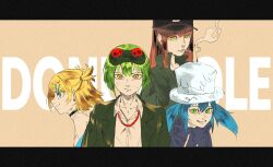 4girls absurdres alternate_costume bare_shoulders baseball_cap black_choker black_hat blonde_hair blue_eyes blue_hair brown_hair choker cigarette closed_mouth collared_shirt donut_hole_(vocaloid) goggles goggles_on_head green_eyes green_hair green_jacket grey_jacket gumi hat hatsune_miku high_collar highres jacket jewelry kagamine_rin letterboxed long_hair looking_at_viewer medium_hair megurine_luka multiple_girls necklace open_clothes open_jacket open_mouth pearl_necklace senri_(hrydy_o) shirt short_hair smoke smoking twintails two_side_up upper_body vocaloid white_hat yellow_eyes