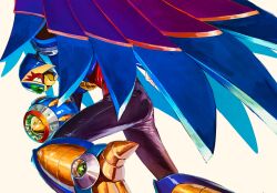 Rule 34 | 1boy, arm cannon, beak, cairngorm999, claws, forehead jewel, from behind, helmet, highres, looking at viewer, mechanical wings, mega man (series), mega man x (series), non-humanoid robot, robot, robot animal, simple background, storm eagle (mega man), weapon, white background, wings