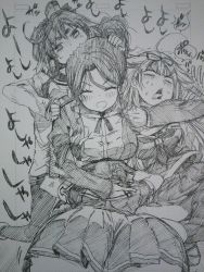 Rule 34 | 10s, 4girls, anger vein, aquila (kancolle), asphyxiation, ass, biting, blank stare, braid, breasts, closed eyes, commentary request, fingerless gloves, gloves, grabbing, grabbing another&#039;s breast, greyscale, hair flaps, hair ornament, hair ribbon, hairclip, hand on another&#039;s back, head biting, highres, hug, kantai collection, kojima takeshi, large breasts, long hair, looking at another, medium breasts, monochrome, multicolored hair, multiple girls, pleated skirt, ribbon, school uniform, shigure (kancolle), short hair, single braid, sketch, skirt, strangling, tokitsukaze (kancolle), tongue, tongue out, traditional media, two-tone hair, two side up, waist hug, wavy hair, yuudachi (kancolle)