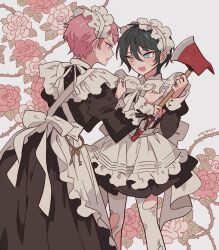 Rule 34 | 2boys, apron, axe, bad id, bad pixiv id, black dress, blue eyes, crossdressing, dress, ensemble stars!, fang, floral background, flower, frilled apron, frills, green hair, hair between eyes, hands up, heterochromia, highres, holding, holding axe, itsuki shu, juliet sleeves, kagehira mika, key, long sleeves, looking at another, maid, male focus, male maid, meremero, multiple boys, open mouth, pantyhose, pink hair, plant, puffy sleeves, red flower, red rose, rose, short bangs, short hair, smile, standing, thorns, torn clothes, torn pantyhose, vines, white apron, white pantyhose, yellow eyes
