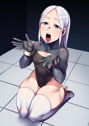 Rule 34 | 1girl, black gloves, black leotard, blue eyes, blush, boots, borrowed character, cleavage cutout, clothing cutout, covered navel, earrings, gloves, hands up, high heel boots, high heels, highleg, highleg leotard, highres, imminent ejaculation, jewelry, leotard, long hair, open mouth, oral invitation, original, parted bangs, ryuusei (mark ii), seiza, sitting, solo, stud earrings, thick thighs, thigh boots, thighhighs, thighs, tongue, tongue out, white footwear, white hair