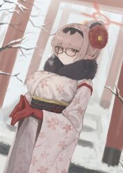 Rule 34 | 1girl, alternate costume, alternate hairstyle, black-framed eyewear, black hairband, blue archive, blush, branch, breasts, breath, brown hair, chinatsu (blue archive), commentary, day, english commentary, floral print, glasses, gloves, hair between eyes, hair ornament, hair up, hairband, halo, highres, japanese clothes, kimono, large breasts, long sleeves, loo, looking at viewer, obi, orange eyes, outdoors, parted lips, pointy ears, red gloves, sash, snow, solo, stairs, steepled fingers, suitshark, torii, wide sleeves