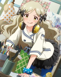 Rule 34 | &gt;:), 10s, 1girl, :q, ?, artist request, bow, bracelet, coat, green eyes, grey hair, hair bow, handa roco, headphones, headphones around neck, idolmaster, idolmaster million live!, jewelry, jpeg artifacts, official art, pantyhose, tongue, tongue out, v-shaped eyebrows, yellow eyes