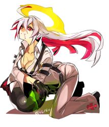 Rule 34 | 1girl, all fours, ankh, ass, bad id, bad pixiv id, bell-bottoms, black gloves, breasts, candy, cleavage, spiked halo, crossed arms, food, gloves, guilty gear, guilty gear xrd, halo, hyakuhachi (over3), jack-o&#039; valentine, jewelry, lollipop, long hair, medium breasts, multicolored hair, necklace, pants, pantylines, red eyes, red hair, silver hair, solo, two-tone hair