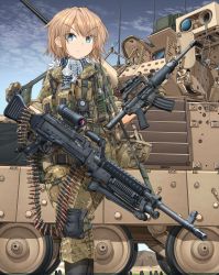 Rule 34 | 1girl, 7.62x51mm nato, absurdres, american flag, ammunition, ammunition belt, anti-tank guided missile, anti-tank missile, assault rifle, autocannon, belt-fed, bgm-71 tow, black footwear, blonde hair, blue eyes, blue sky, body armor, boots, brown bandana, brown gloves, brown jacket, brown pants, camouflage, camouflage jacket, camouflage pants, cannon, chain gun, closed mouth, combat boots, commentary, commentary request, day, english commentary, english text, frown, full-power cartridge, general-purpose machine gun, gloves, gun, harness, highres, holding, holding gun, holding weapon, infantry fighting vehicle, jacket, knee pads, lmg cartridge, m13 link, m240, m242 bushmaster, m2 bradley, m4 carbine, machine gun, mikeran (mikelan), military, military cartridge, military uniform, military vehicle, missile, missile launcher, mixed-language commentary, motor vehicle, mountainous horizon, original, outdoors, pants, precision-guided munition, rifle, rifle cartridge, scope, short hair, short sleeves, sky, sleeves rolled up, solo, surface-to-surface missile, tank, thigh strap, turret, uniform, walkie-talkie, weapon, wire-guided missile