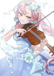 Rule 34 | 1girl, aogirism, aria (manga), blue dress, blush, bow (music), breasts, closed mouth, commentary request, dress, eyelashes, feet out of frame, flower, green eyes, hair flower, hair ornament, hair scrunchie, hands up, holding, holding instrument, instrument, long hair, medium breasts, mizunashi akari, music, off-shoulder dress, off shoulder, official alternate costume, parted bangs, pink hair, playing instrument, scrunchie, smile, solo, very long hair, violin, water, white background