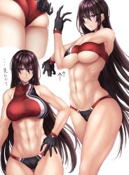 Rule 34 | 1girl, abs, armpits, ass, black gloves, black hair, breasts, covered erect nipples, cowboy shot, expressionless, gloves, hair between eyes, hand on own hip, highres, hikari (komitiookami), long hair, looking at viewer, muscular, muscular female, navel, original, purple eyes, resolution mismatch, solo, source smaller, sports bikini, stomach, stretching, thighs, track and field, track uniform, translation request, underboob