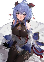 Rule 34 | 1girl, ahoge, bare shoulders, bell, black gloves, black pantyhose, blue hair, blush, breasts, detached sleeves, ganyu (genshin impact), genshin impact, gloves, gold trim, heart, highres, horns, long hair, looking at viewer, medium breasts, neck bell, pantyhose, purple eyes, red rope, rope, sidelocks, sitting, smile, solo, tassel, the olphy, thighlet, waist cape, white sleeves