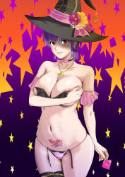 Rule 34 | 1girl, areola slip, ayane (doa), black choker, black hat, black thighhighs, body writing, bow, breasts, choker, cleavage, closed mouth, commentary request, condom, condom wrapper, covering breasts, covering privates, cowboy shot, crescent, dead or alive, detached sleeves, earrings, flower, glint, gradient background, halloween, hat, heart, holding, holding condom, jewelry, lace, lace-trimmed legwear, lace trim, large breasts, micro panties, minpei ichigo, navel, necklace, panties, pendant, pink bow, pink flower, pink lips, pink panties, purple background, purple hair, red eyes, shaded face, short hair, single thighhigh, skindentation, solo, star (symbol), starry background, stomach, thighhighs, topless, trick or treat, underwear, underwear only, v-shaped eyebrows, witch hat
