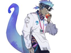 Rule 34 | 1boy, aqua hair, arknights, blue hair, blue tongue, chameleon tail, colored tongue, dark-skinned male, dark skin, eating, ethan (arknights), facial hair, facial mark, food, from side, goatee, goggles, goggles on head, grey eyes, highres, holding, holding food, huan shi tian tong, id card, lanyard, lizard tail, long sleeves, male focus, multicolored hair, nose tape, open mouth, ponytail, profile, reptile boy, short ponytail, simple background, solo, tail, white background