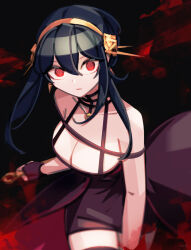 Rule 34 | 1girl, black dress, black gloves, black hair, breasts, cleavage, dagger, dress, earrings, fingerless gloves, gloves, gold earrings, gold hairband, hairband, highres, holding, holding dagger, holding knife, holding weapon, jewelry, knife, large breasts, looking at viewer, makaroll, red eyes, solo, spy x family, stiletto (weapon), weapon, yor briar