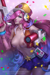 Rule 34 | 1girl, blue eyes, breasts, gradient background, hair over one eye, hat, highres, league of legends, lipstick, long hair, looking at viewer, makeup, miss fortune (league of legends), navel, nipples, pink hair, skirt, solo, topless, watermark, web address