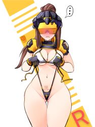 Rule 34 | ..., 1girl, black gloves, blush, breasts, brown hair, cleavage, covered eyes, el quijote, frown, gloves, gluteal fold, goddess of victory: nikke, highres, idoll flower (nikke), long hair, medium breasts, ponytail, solo, spoken ellipsis, tattoo, thigh gap, visor (armor), wide hips