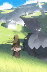 Rule 34 | 1girl, arms at sides, asteroid ill, bird, black ribbon, blonde hair, blue sky, brown shawl, cliff, cloud, cloudy sky, cornea (asteroid ill), day, dress, facing away, floating hair, from behind, full body, grass, hair ribbon, highres, hill, landscape, long dress, long hair, one side up, original, outdoors, purple dress, ribbon, scenery, shadow, shawl, simple bird, sky, solo, standing, very long hair