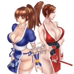 Rule 34 | 2018, 2girls, breasts, brown eyes, brown hair, cleavage, crossover, dated, dead or alive, fatal fury, female focus, folded fan, folding fan, hand fan, huge breasts, kasumi (doa), long hair, matching hair/eyes, multiple girls, no bra, no panties, parted bangs, pelvic curtain, ponytail, revealing clothes, shiranui mai, sideboob, thighhighs, thighs, white legwear