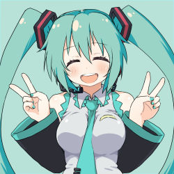 Rule 34 | 1girl, aqua hair, aqua necktie, between breasts, breasts, closed eyes, detached sleeves, double v, hatsune miku, headset, highres, long hair, medium breasts, nail polish, naitou kouse, necktie, necktie between breasts, open mouth, simple background, smile, solo, twintails, upper body, v, very long hair, vocaloid, wide sleeves
