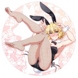 Rule 34 | 1girl, alternate costume, animal ears, armpits, ass, black bow, black bowtie, black leotard, blonde hair, blush, bow, bowtie, breasts, bunny day, cleavage, closed mouth, commentary, detached collar, fake animal ears, fake tail, feet, fishnet pantyhose, fishnets, full body, green eyes, leotard, looking at viewer, medium breasts, mizuhashi parsee, no shoes, nose blush, ootsuki wataru, pantyhose, playboy bunny, pointy ears, rabbit ears, rabbit tail, short hair, smile, solo, strapless, strapless leotard, tail, touhou, wrist cuffs