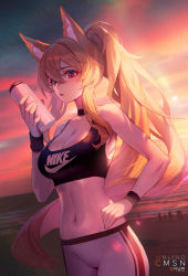 Rule 34 | 1girl, absurdres, animal ears, armpits, bare arms, bare shoulders, black choker, blonde hair, bottle, breasts, choker, cleavage, commission, crop top, ellin meiji, fox ears, hand on own hip, highres, holding, large breasts, long hair, looking at viewer, midriff, mmlyno, navel, nike (company), original, outdoors, pants, parted lips, ponytail, red eyes, sleeveless, solo, sports bra, stomach, sunlight, sunset, sweat, sweatband, very long hair, white pants