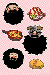 Rule 34 | 1boy, asd4486, beard, blush stickers, brown hair, chibi, chibi only, cooking, cropped head, dungeon meshi, dwarf, expressions, facial hair, fake horns, fluffy, food, frown, helmet, horned helmet, horns, long beard, male focus, mustache, pink background, pizza, sanpaku, senshi (dungeon meshi), senshi (half-foot) (dungeon meshi), thick mustache, very long beard, wok