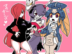 Rule 34 | 3girls, apron, bare shoulders, black dress, blue hair, blue skin, breasts, closed mouth, colored sclera, colored skin, cross, cross necklace, dress, fish girl, flat chest, hair ornament, hair over one eye, highres, jewelry, large breasts, long hair, looking at viewer, minette (skullgirls), monster girl, multiple girls, necklace, parasoul (skullgirls), red eyes, red hair, shell, side ponytail, skirt, skullgirls, smile, squigly (skullgirls), stitched mouth, stitches, thighhighs, tukiwani, yellow eyes, yellow sclera, zombie