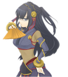 Rule 34 | 1girl, black hair, bloom, bodystocking, bracelet, bridal gauntlets, detached sleeves, fire emblem, fire emblem fates, folding fan, grey eyes, hairband, hand fan, hand on own hip, holding, jewelry, long hair, mitsuni, nintendo, rhajat (fire emblem), ring, serious, shaded face, simple background, solo, two side up, white background