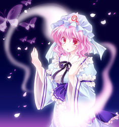 Rule 34 | 1girl, bikuto ryuu, bow, bug, butterfly, female focus, ghost, gradient background, hat, insect, japanese clothes, petals, pink eyes, pink hair, saigyouji yuyuko, solo, touhou