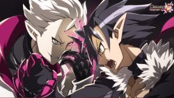 Rule 34 | 2boys, angry, artist request, black gloves, black hair, black neckwear, close-up, copyright name, disgaea, fang, fur trim, gloves, grin, highres, jacket, killia (disgaea), looking at another, makai senki disgaea 5, male focus, multiple boys, official art, open mouth, pale skin, pointy ears, smile, spiked hair, upper body, void dark (disgaea), white hair, yellow eyes
